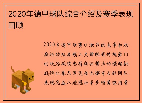 2020年德甲球队综合介绍及赛季表现回顾